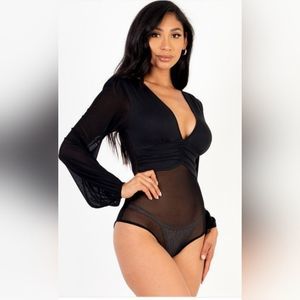 Long Black Balloon Sleeve Cropped Top and Sheer Body Suit